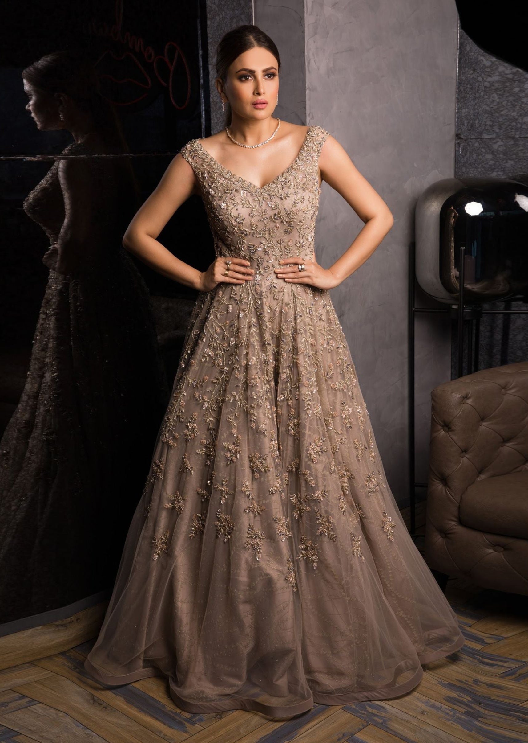 Beige Gold Floral Shimmer Gown Jiya by Veer Design Studio Beige Gold Floral Shimmer Gown Jiya by Veer Design Studio