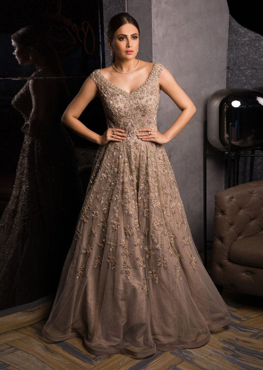 Beige Gold Floral Shimmer Gown