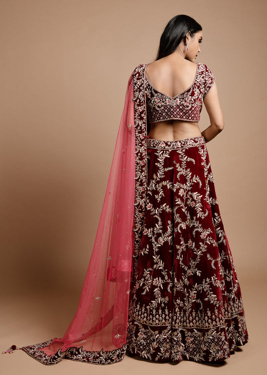 Maroon Wine Velvet Lehenga Set