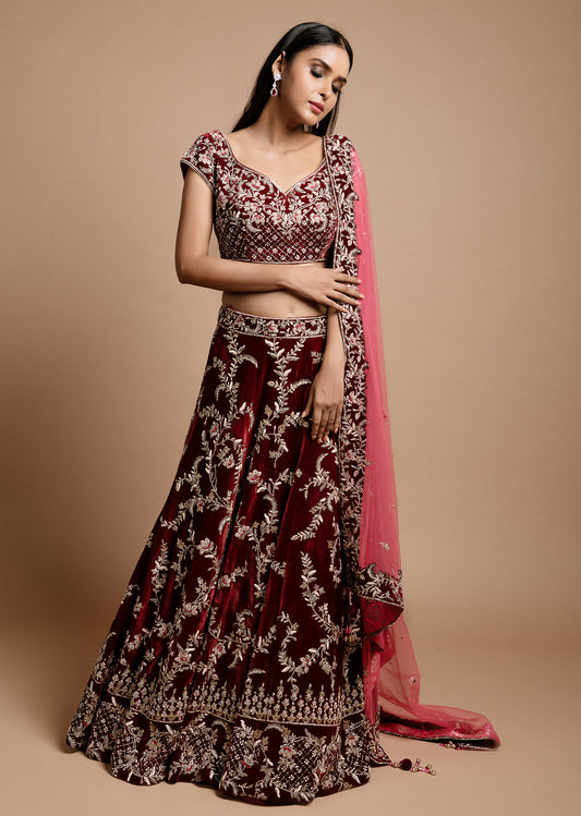 Maroon Wine Velvet Lehenga Set