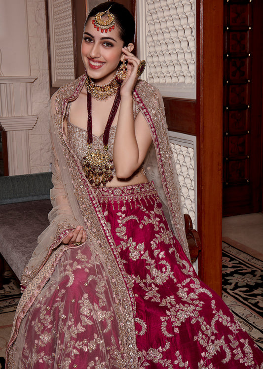 Magenta Pink Raw Silk Lehenga With Grey Raw Silk Choli And Net Dupatta