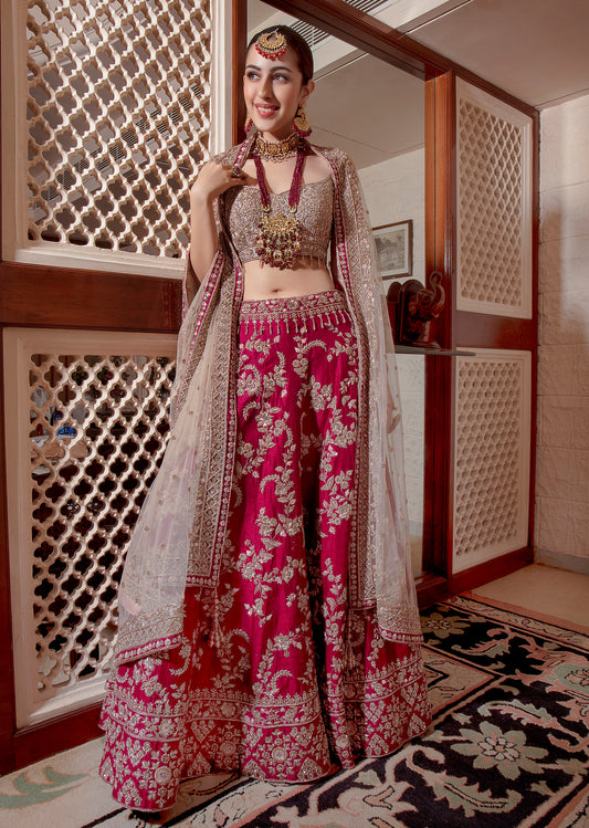 Magenta Pink Raw Silk Lehenga With Grey Raw Silk Choli And Net Dupatta