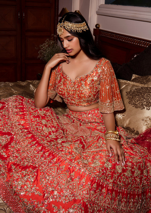 Vermillion Orange Intricate Mughal Embroidered Lehenga Set