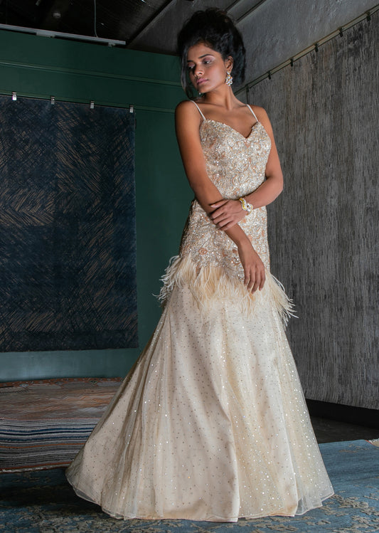 Butter Cream Feathered Shimmer Net Gown