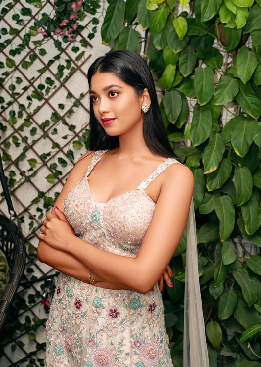 Digangana - Off-White Studded Floral Lehenga Set
