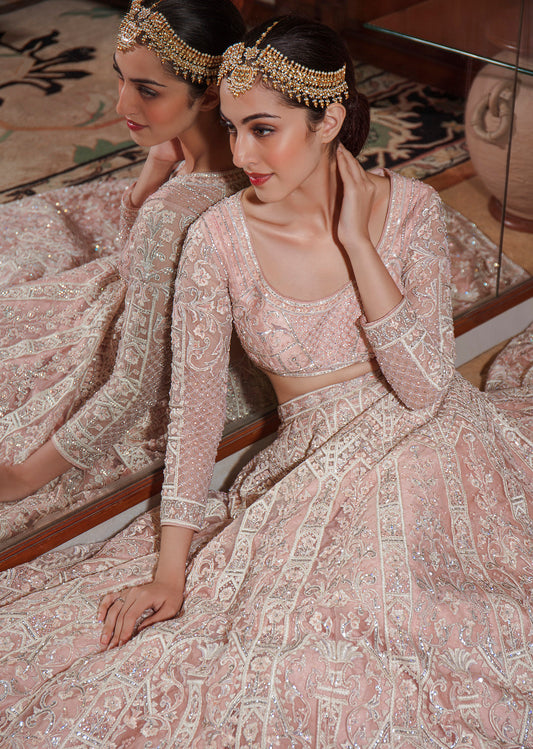 Pale Blush Peach Geometric And Floral Embroidered Net Lehenga Set