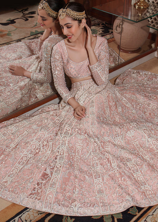 Pale Blush Peach Geometric And Floral Embroidered Net Lehenga Set