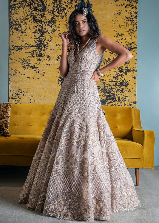 Fawn Geometric Floral Gown