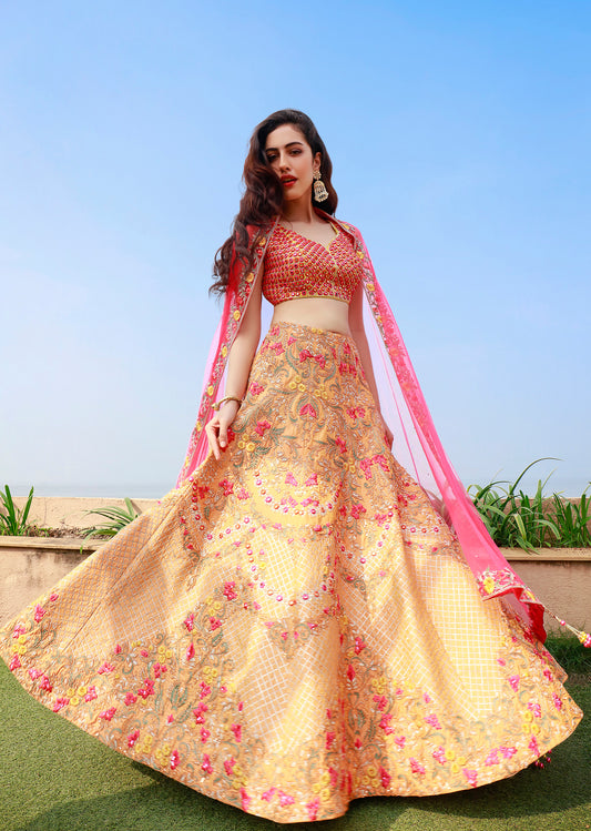 Peach And Coral Mirror Lehenga Set