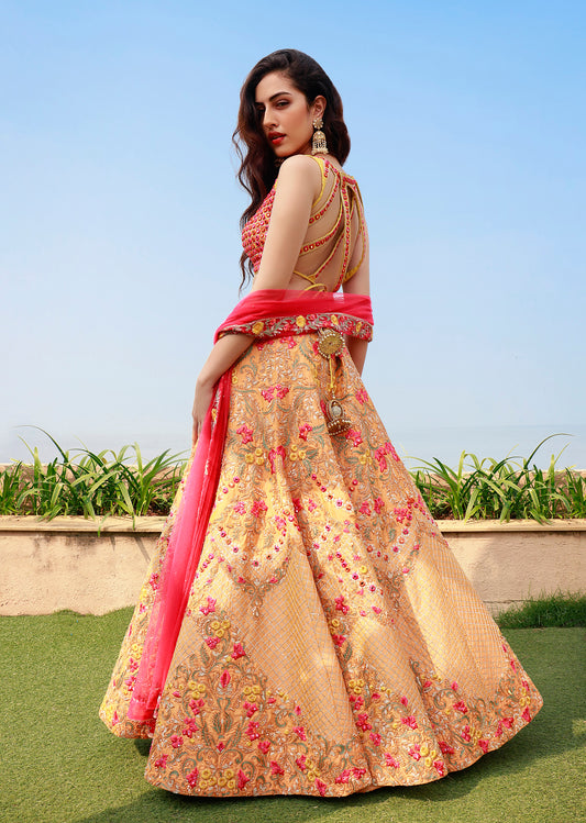 Peach And Coral Mirror Lehenga Set