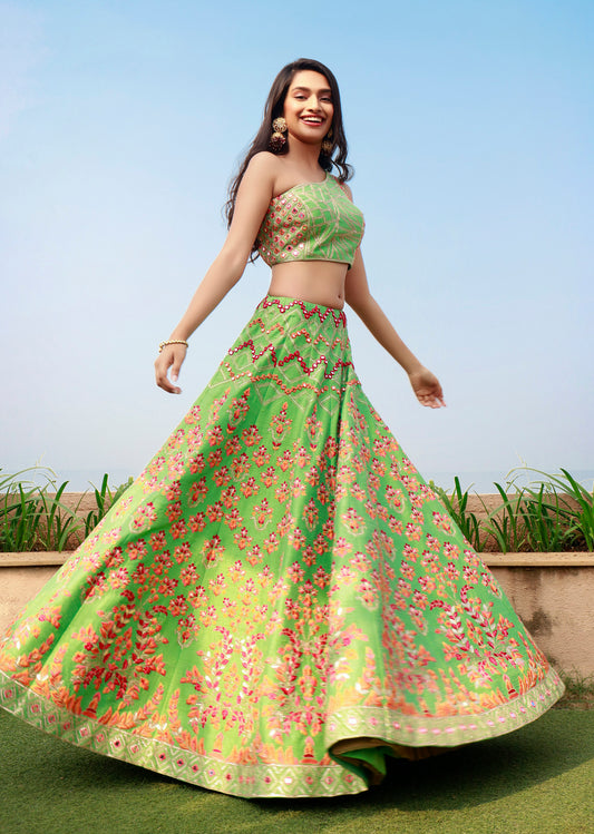 Parrot Green One Shoulder Mirror And Resham Lehenga Set