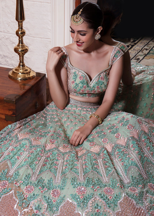 Mint Green And Peach Mughal Motifs Embroidered Lehenga Set