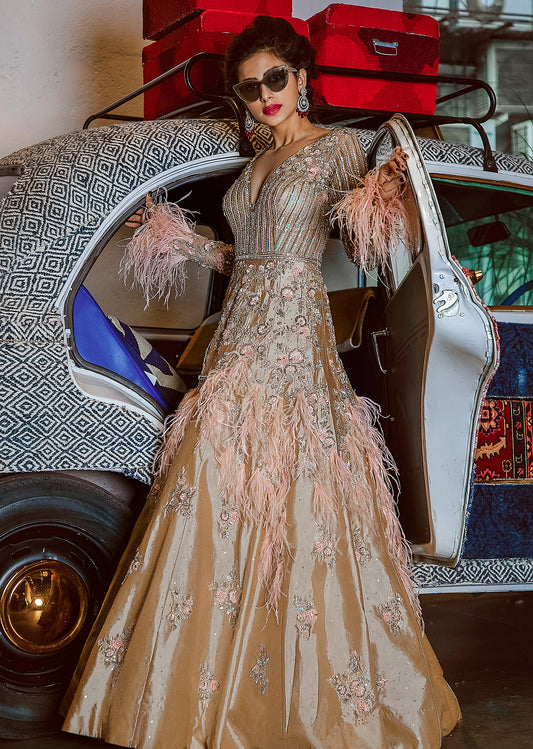 Gold Zardozi And Feathers Silk Gown