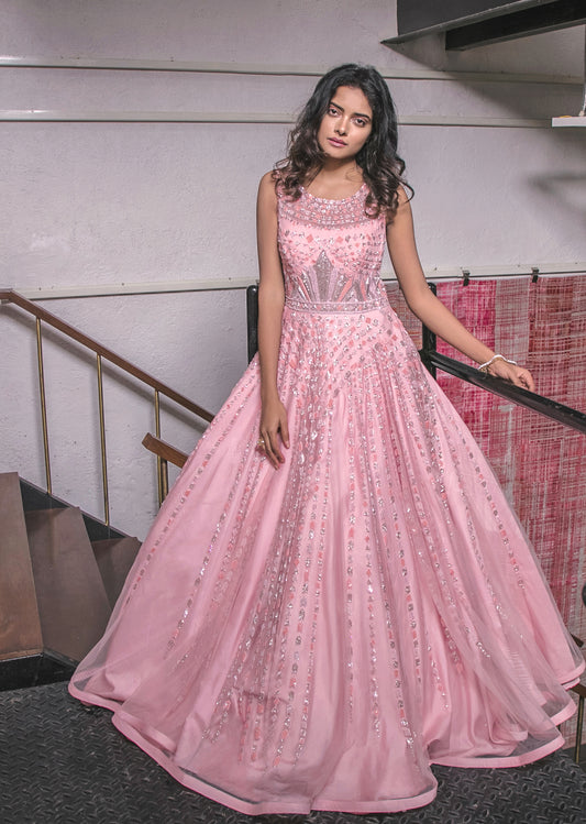 Peach Geometric Sequinned Gown