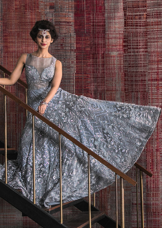 Blue - Grey Organza Embellished Gown