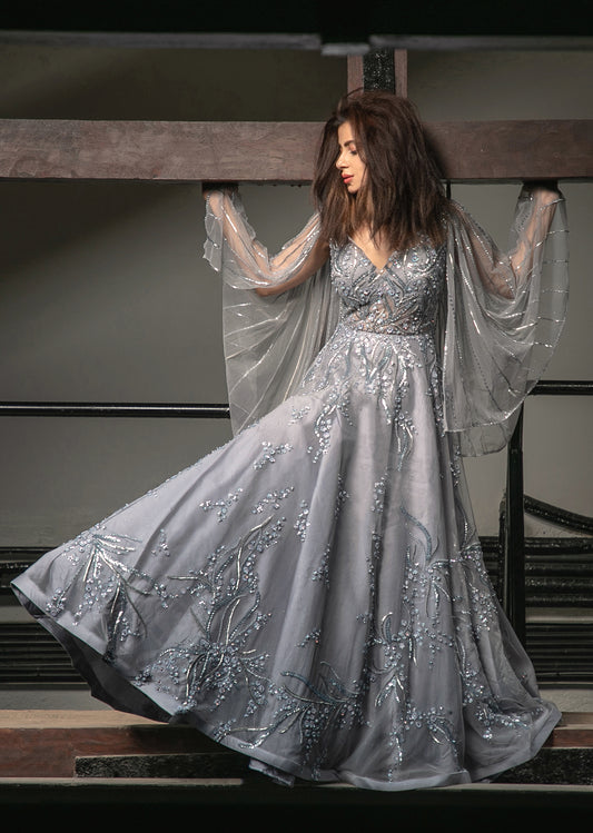 Stone Grey Cape Sleeves Gown