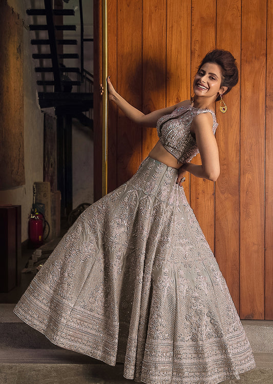 Grey And Pink Mughal Floral Lehenga