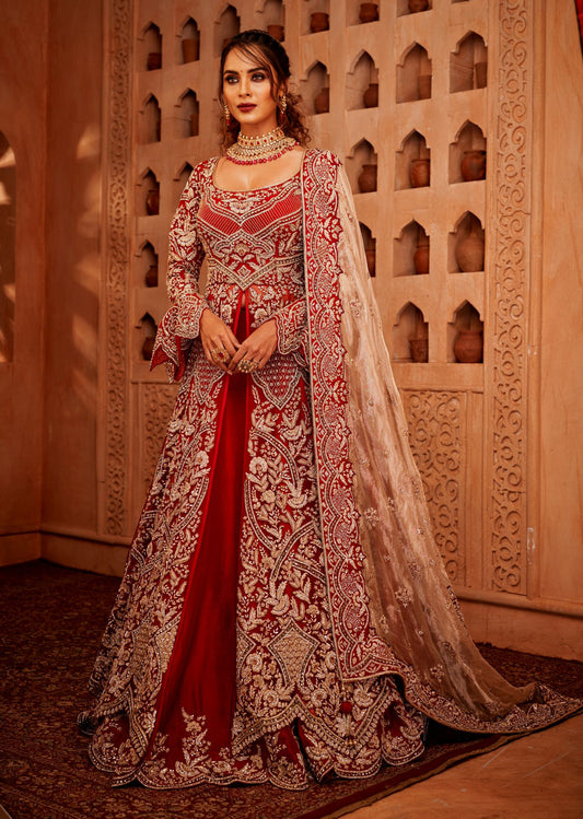 Deep Red And Gold Mughal Flared Anarkali Lehenga