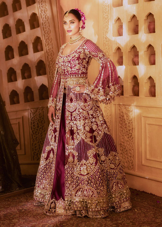 Magenta And Gold Mughal Anarkali Lehenga Set