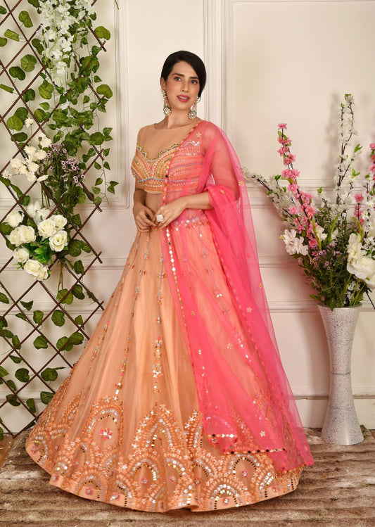 Peach And Pink Abstract Lehenga Set