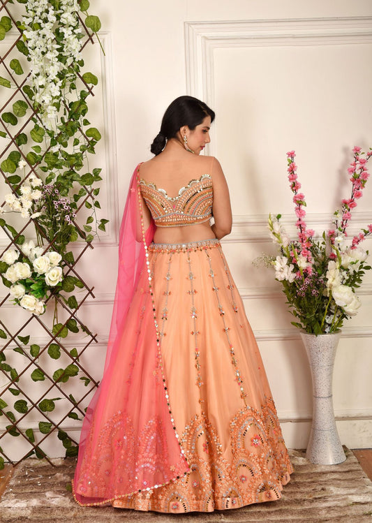 Peach And Pink Abstract Lehenga Set