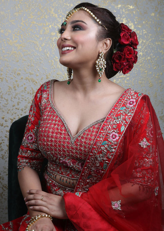 Vermillion Red Abstract Red Lehenga Set