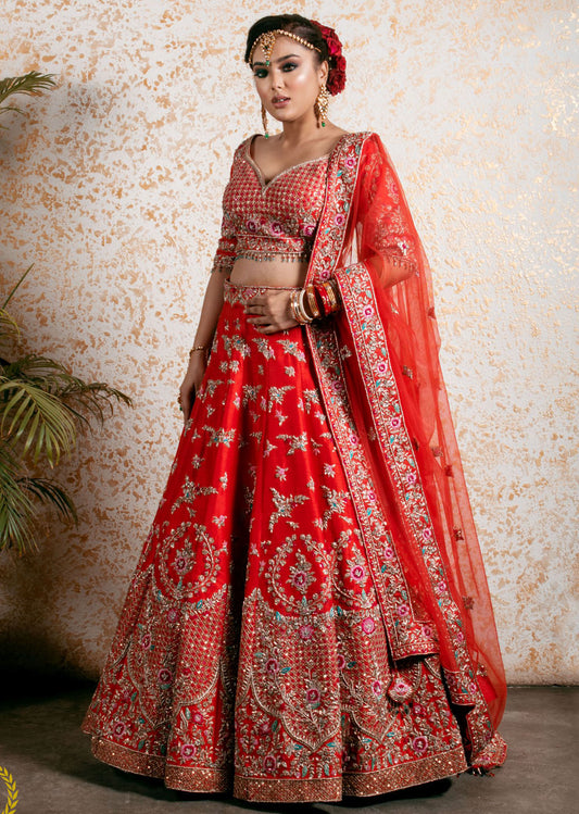 Vermillion Red Abstract Red Lehenga Set