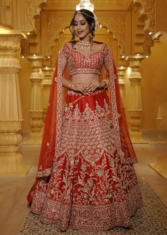 Minal - Vermillion Red And Gold Lehenga Set