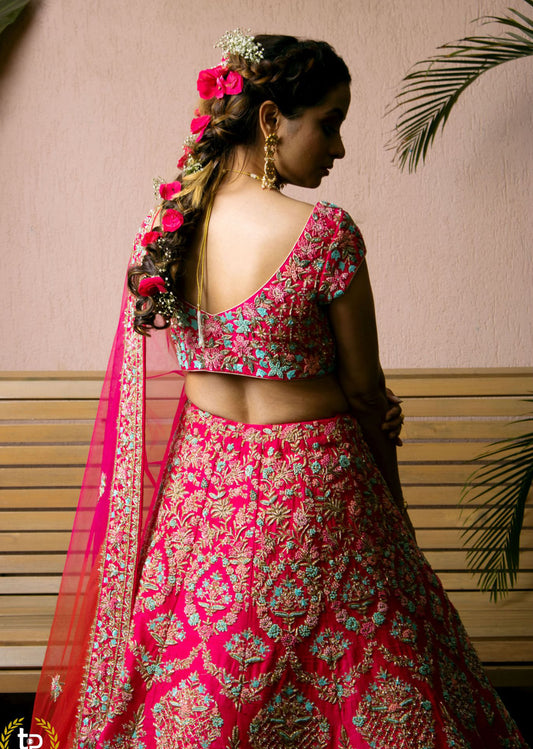 Hot Pink Vintage Floral Lehenga Set