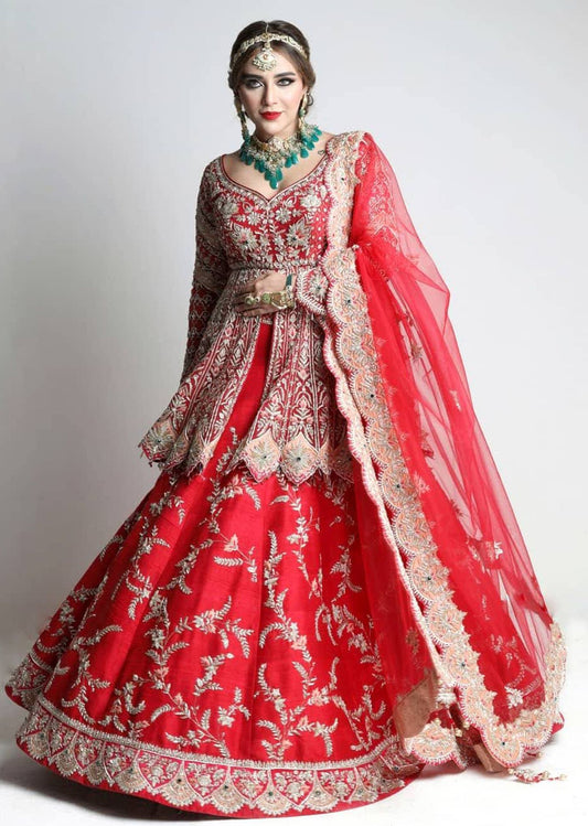 Crimson Red Peplum Mughal Lehenga Set