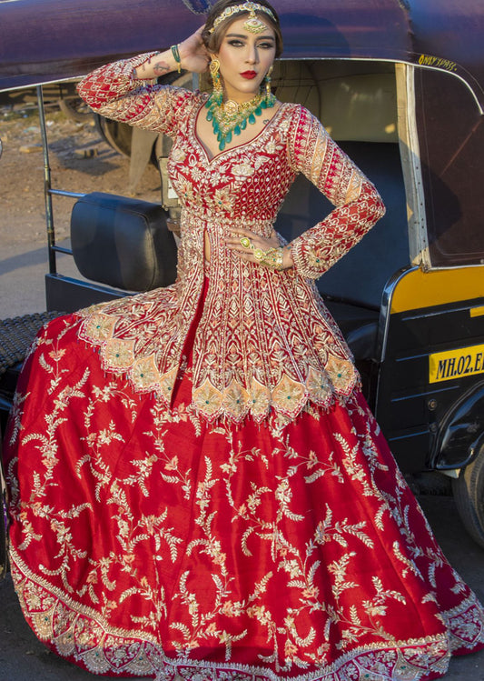 Crimson Red Peplum Mughal Lehenga Set