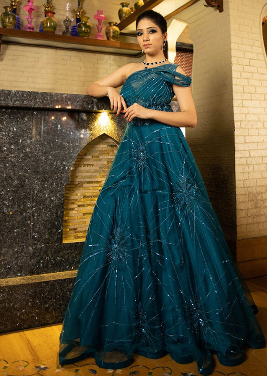 Teal Blue Starburst Structured Gown