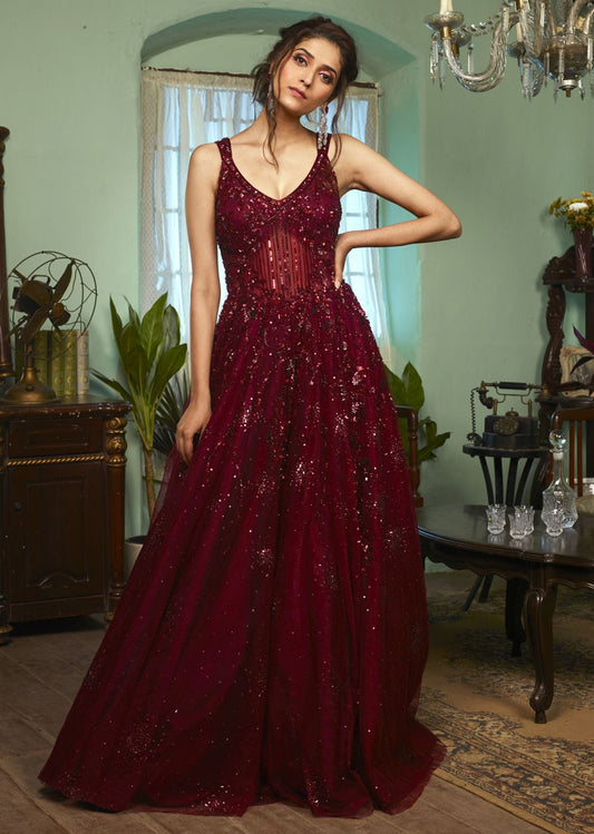 Burgundy Maroon Sheer Sequinned Gown