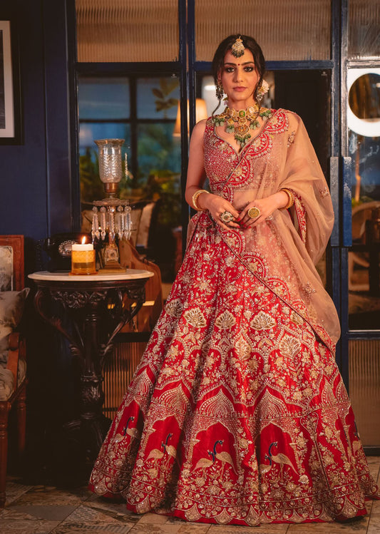 Deep Red And Gold Peacock Lehenga Set