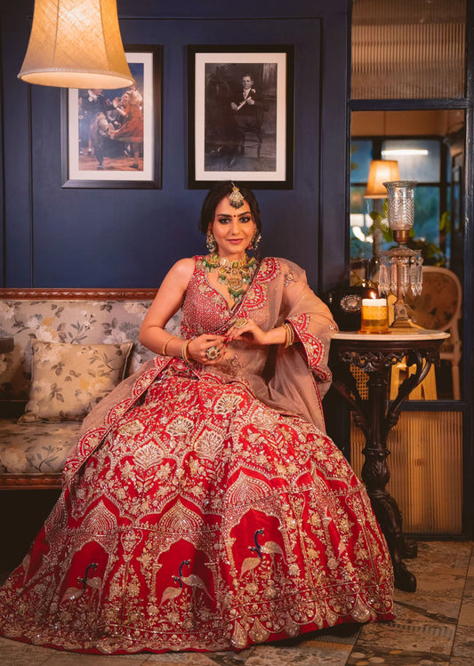 Deep Red And Gold Peacock Lehenga Set