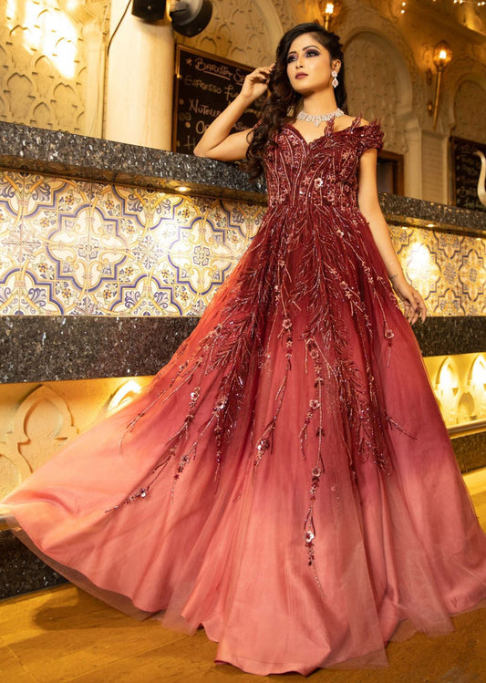 Wine And Coral Structured Abstract Gown