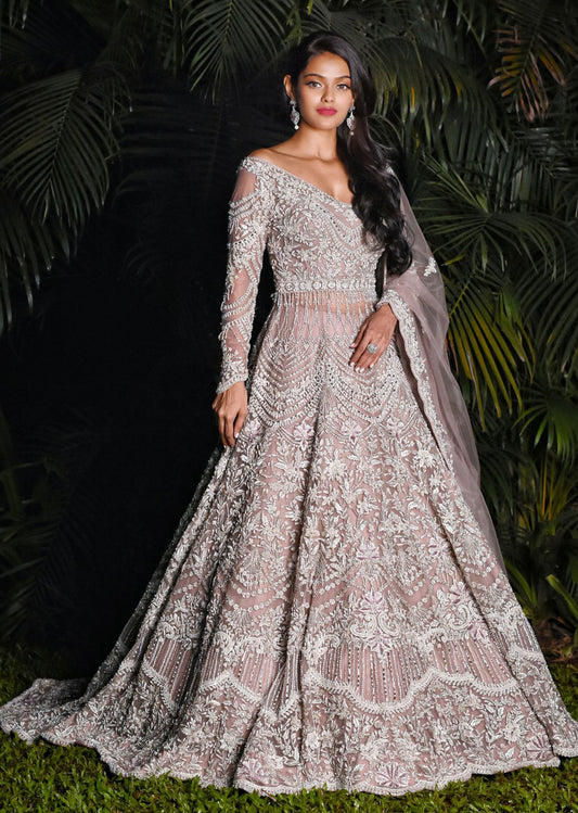 Oyster Grey Persian Anarkali Lehenga Set