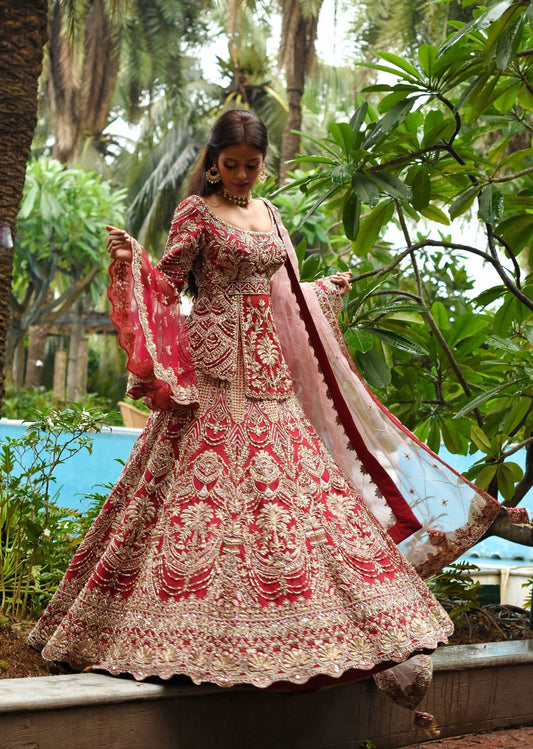 Red Peplum Persian Lehenga Set