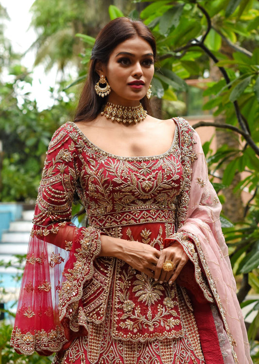Red Peplum Persian Lehenga Set