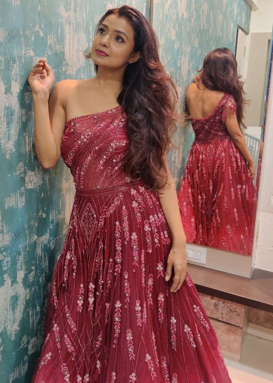 Mayuri Deshmukh - Maroon Ombre Abstract One-Shoulder Gown