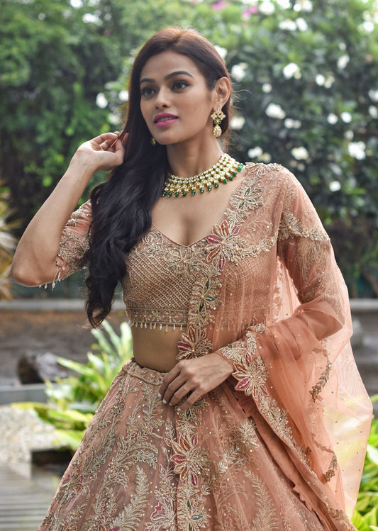 Rust Mughal Applique Lehenga Set