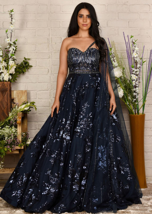 Navy Blue Sequinned One-Shoulder Drape Gown