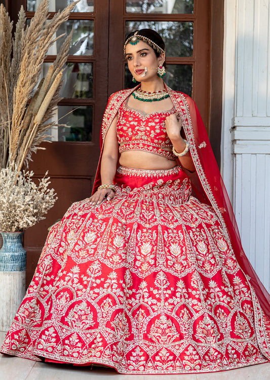 Venetian Red Floral Arch Lehenga Set