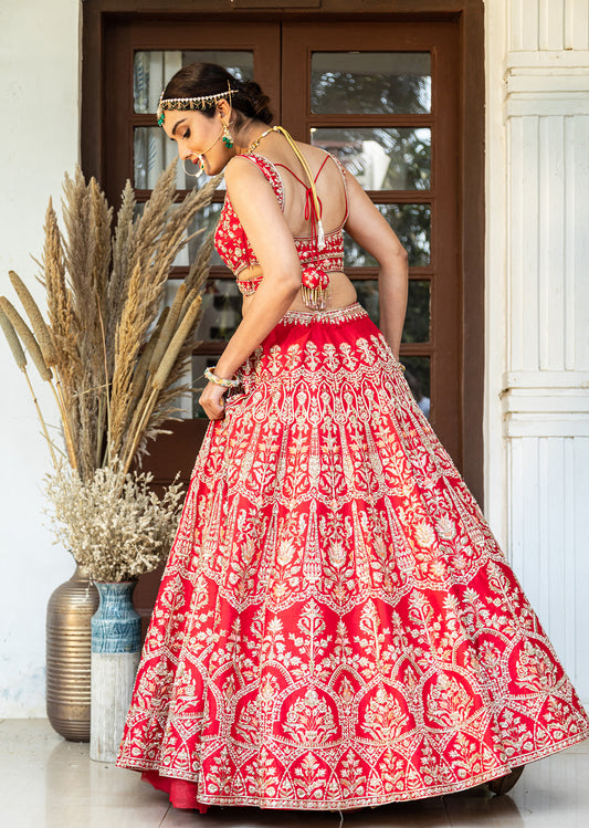 Venetian Red Floral Arch Lehenga Set