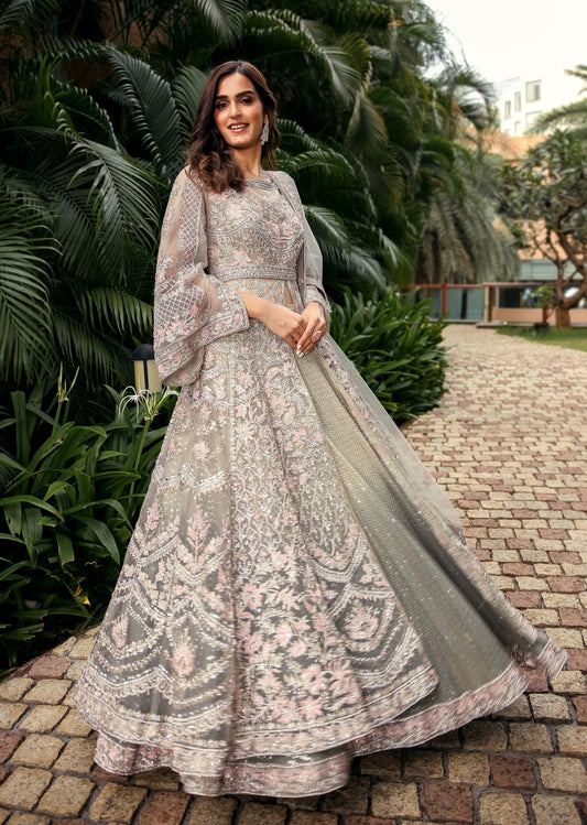 Teal Grey Mughal Bagh Anarkali Lehenga