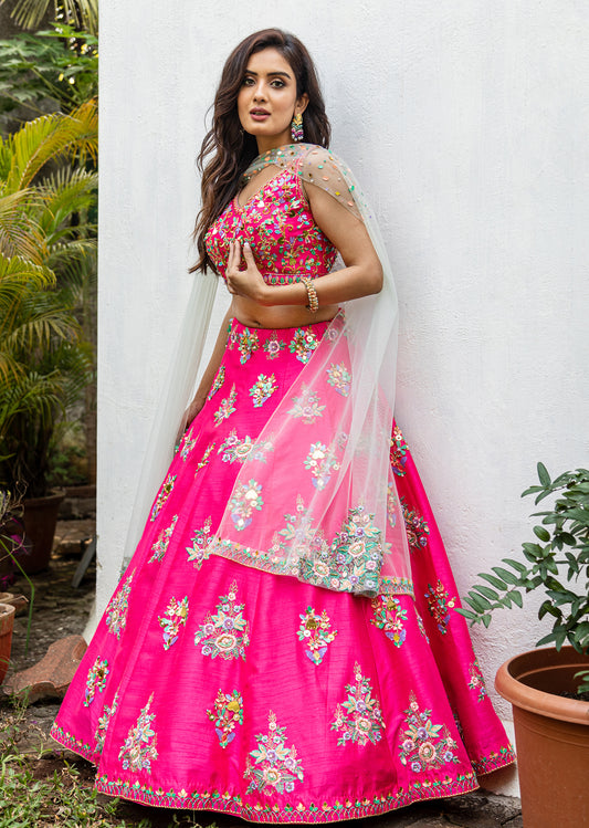 Fuchsia And Pastel Mirror Lehenga Set