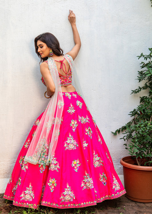Fuchsia And Pastel Mirror Lehenga Set