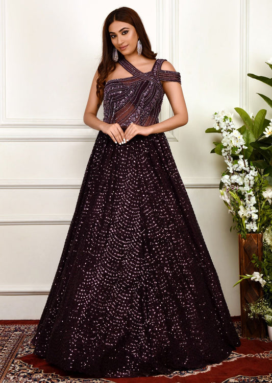 Purple Sequinned One Shoulder Gown