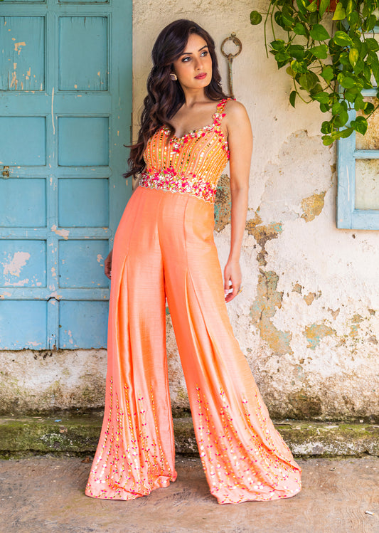 Coral Peach Ebroidered Pallazo Jumpsuit
