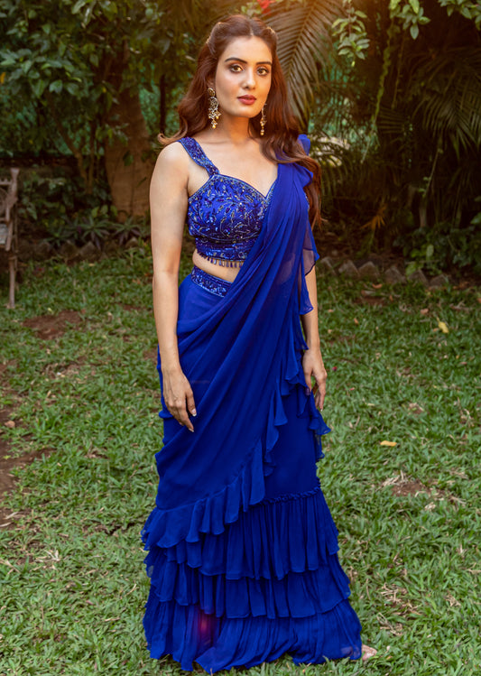 Electric Blue Tiered Ruffle Skirt Saree